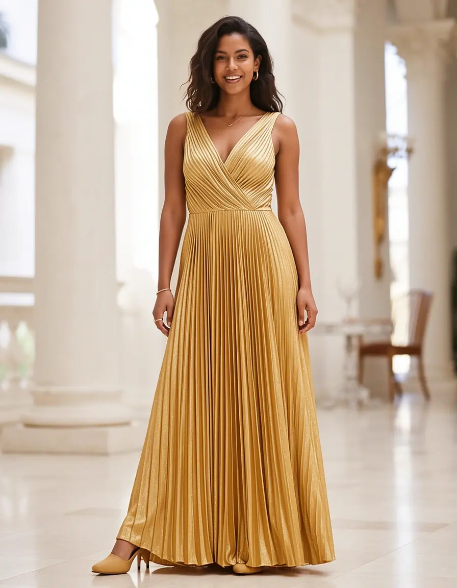 Goldenes Midi Kleid plissiert
