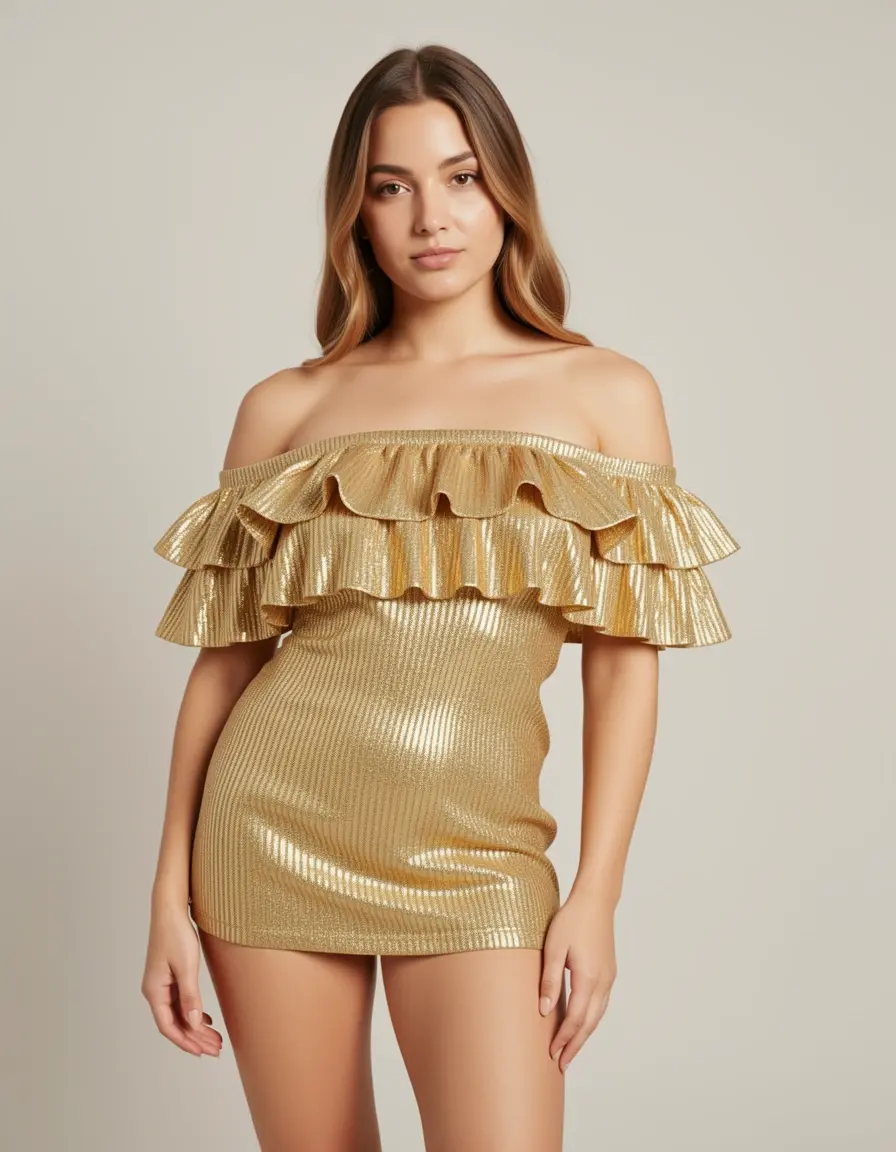 Goldenes Off-Shoulder Kleid mit Rüschen