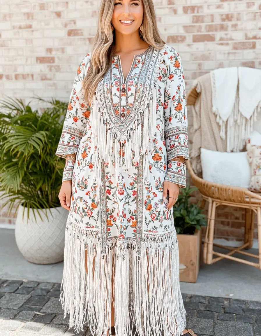 Boho Kaftan Kleid mit Fransen und Mustern