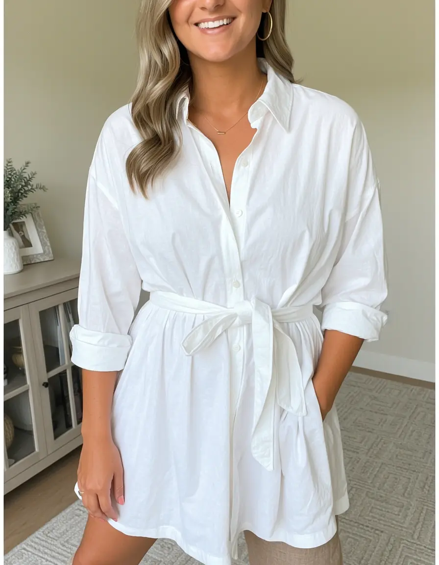 Weißes Hemdblusenkleid mit Gürtel