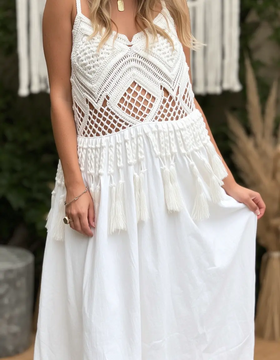Weißes Boho Kleid mit Quasten