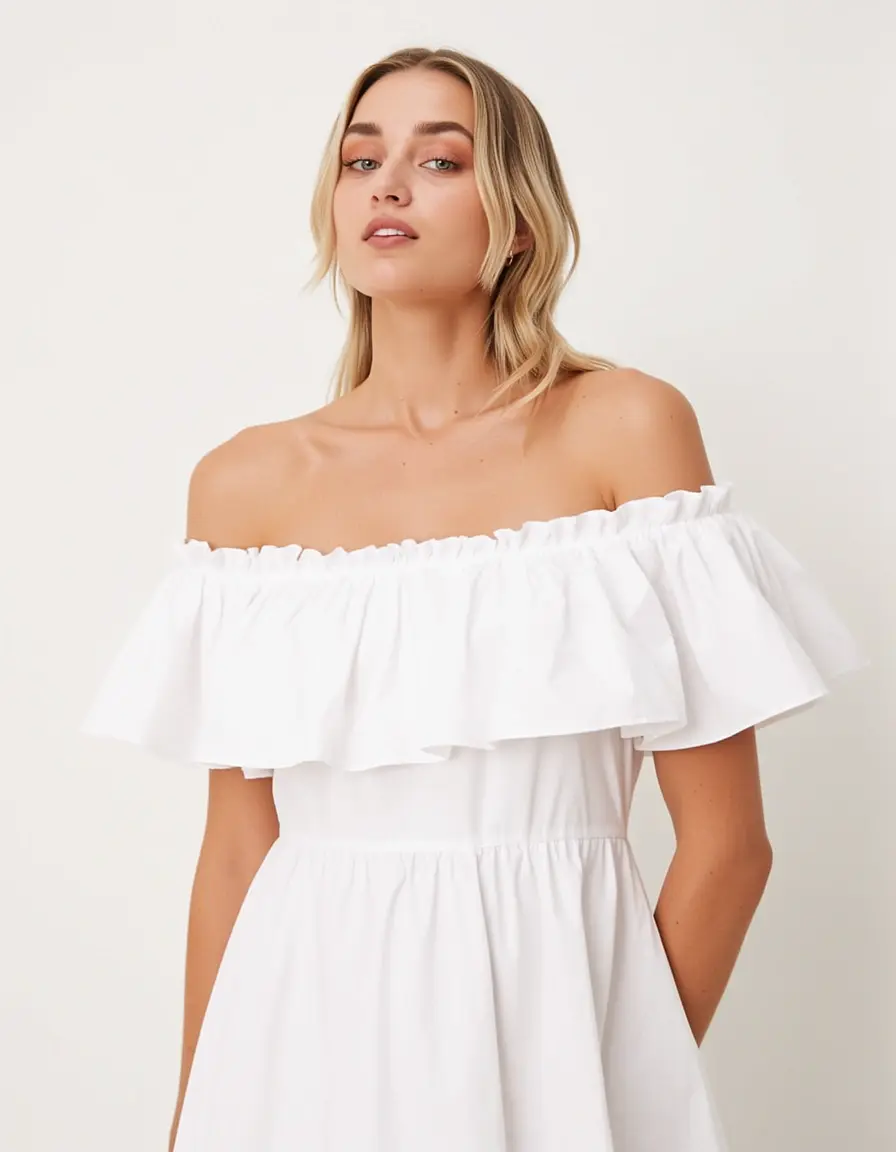 Schulterfreies weißes Kleid mit Rüschen