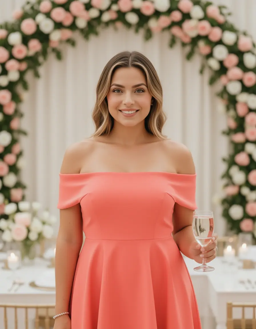 Off-Shoulder Guest Coral Kleid für Hochzeitsgast