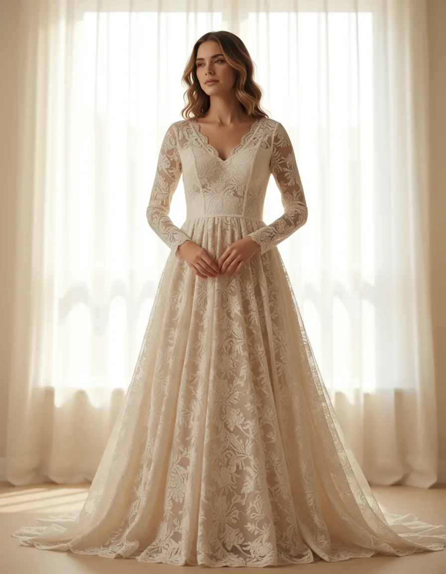 Romantisches Spitzenkleid mit langen Ärmeln