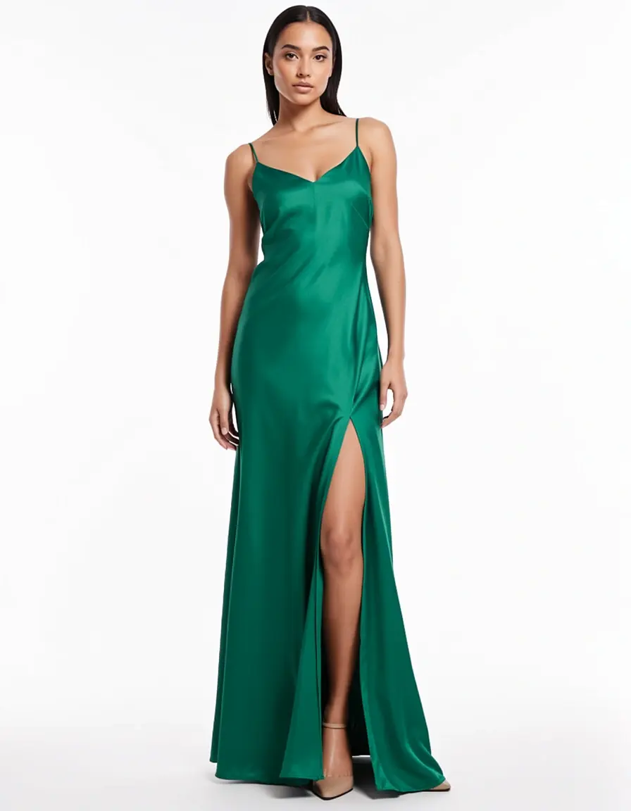Smaragdgrünes Maxikleid aus Satin mit Schlitz