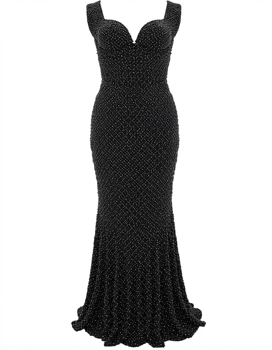 Schwarzes Meerjungfrauen Kleid mit Perlenstickerei