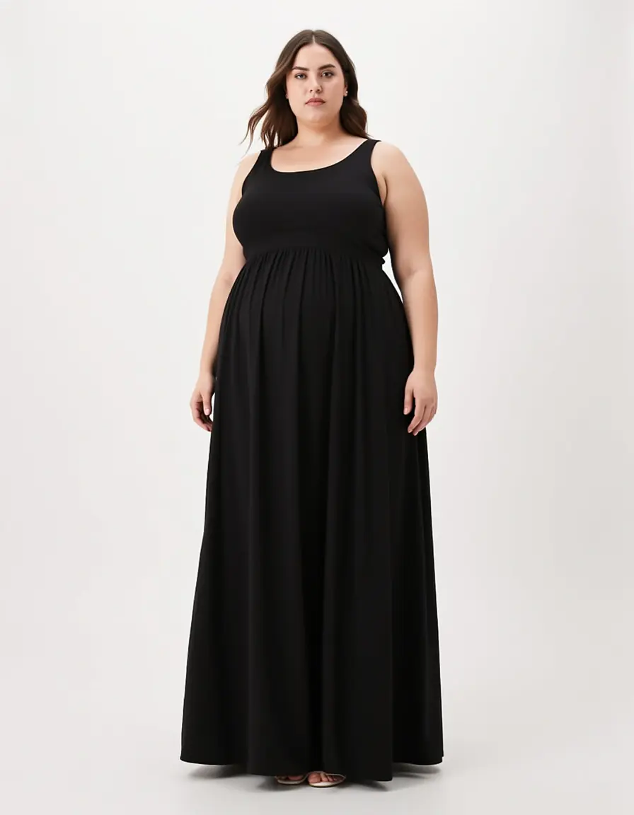 Plus Size Maxi Dress solid black empire waist