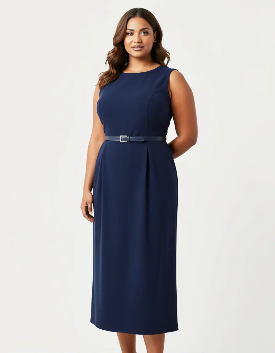 Plus Size Sheath Dress navy blue with belt