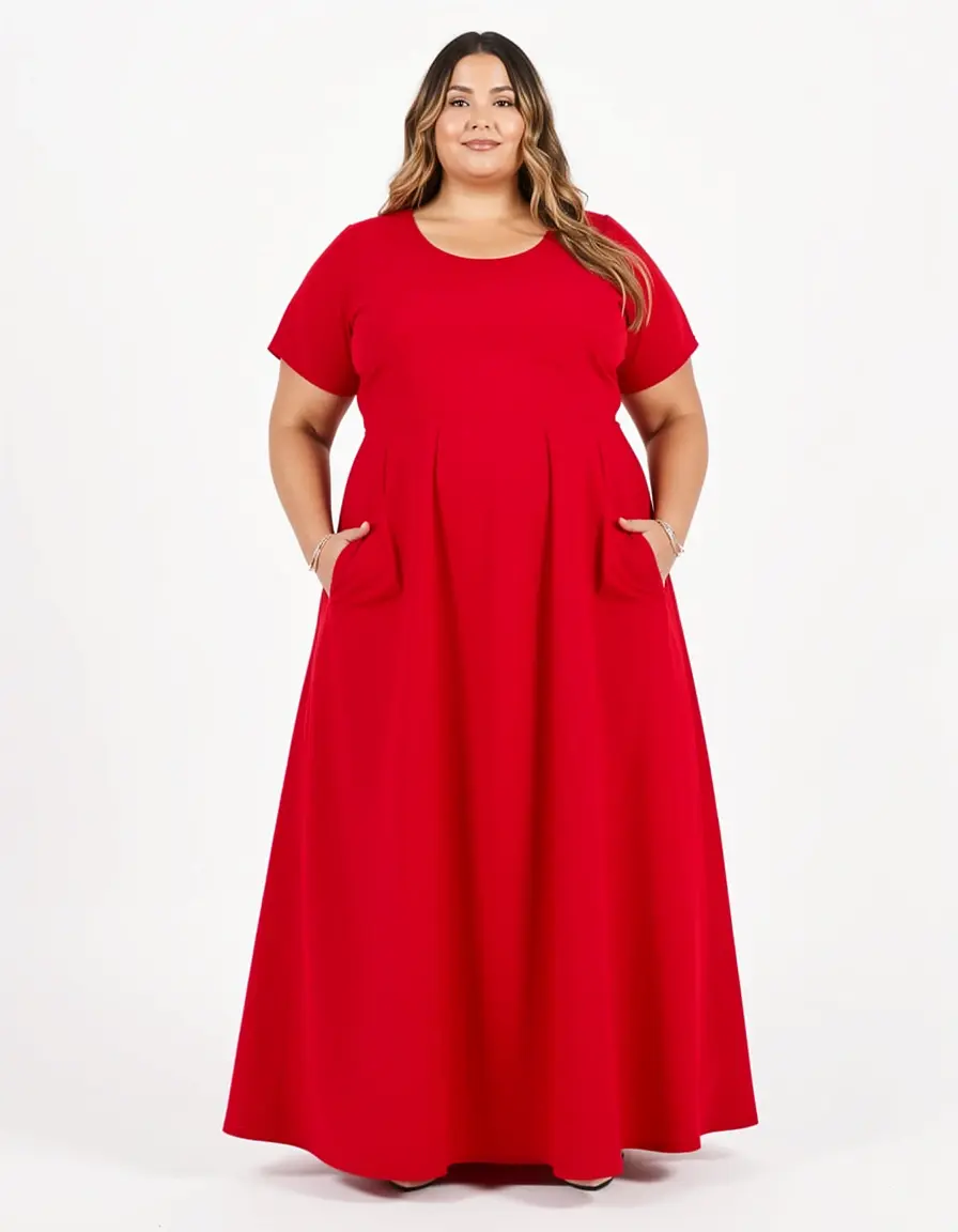 Plus Size A-Line Dress red with pockets