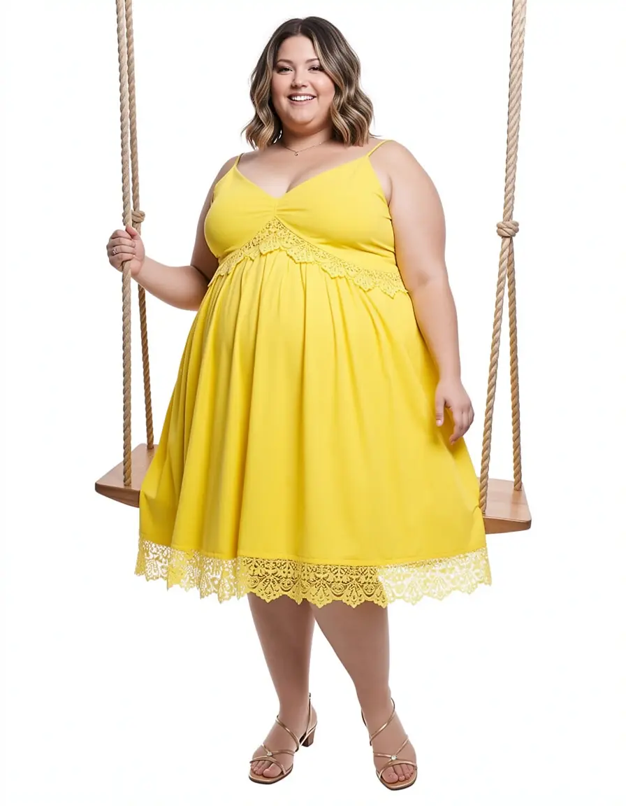 Plus Size Swing Dress yellow lace trim