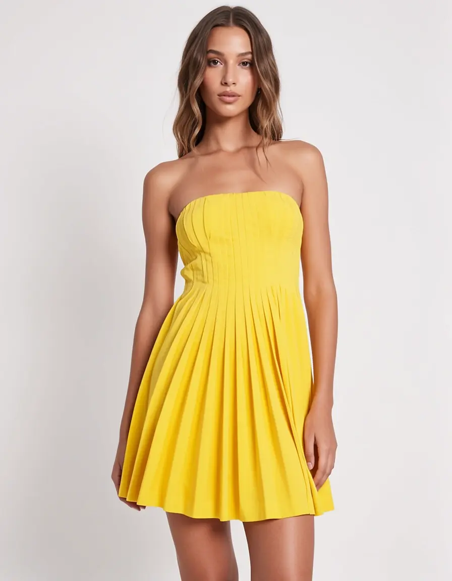 Gelbes trägerloses Minikleid mit Plissee