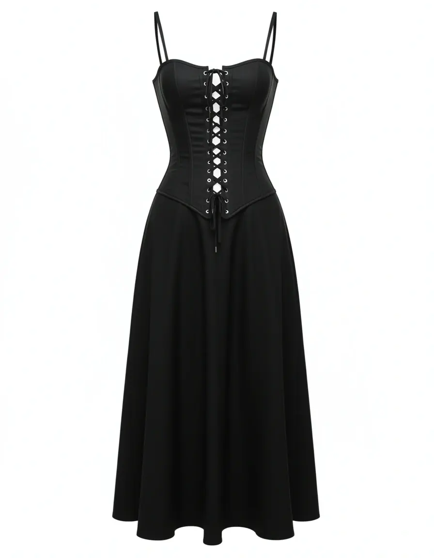 Schwarzes Korsett Midi Kleid mit Schnürung
