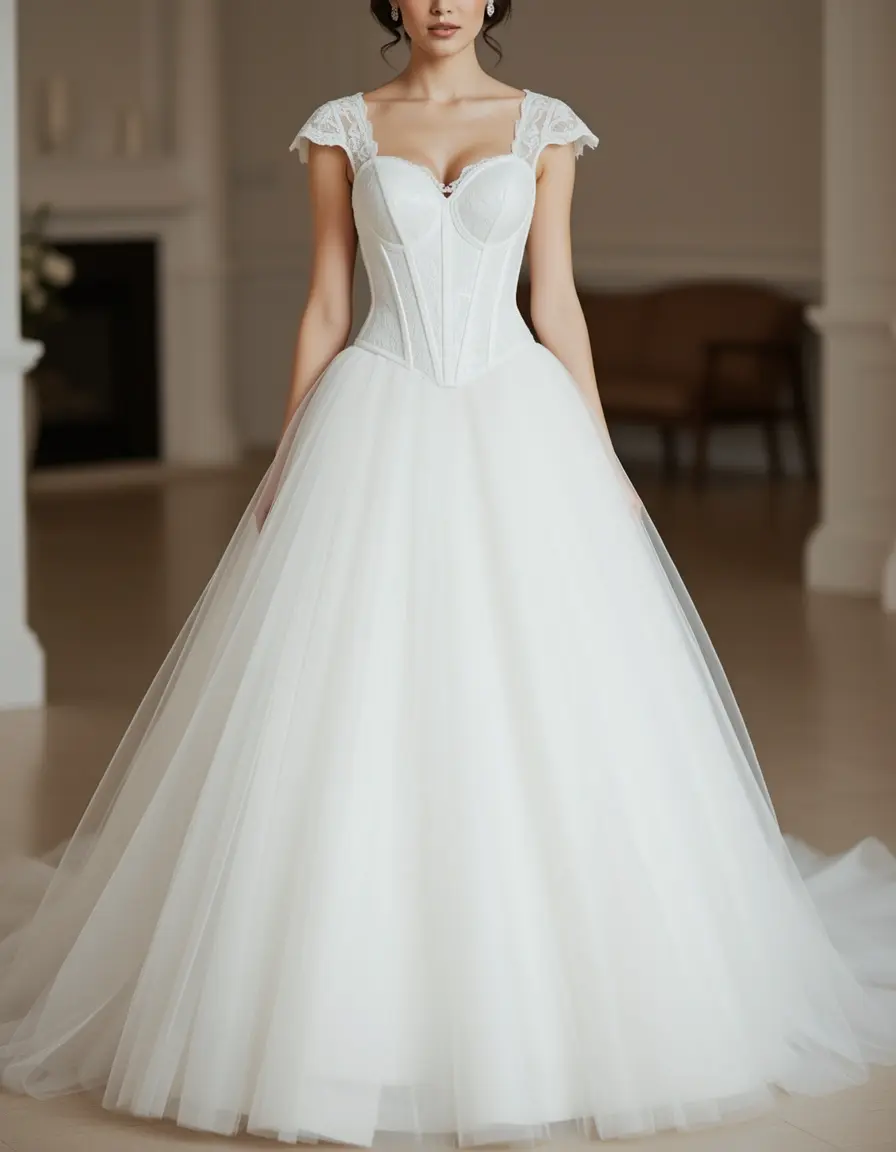 Weißes Korsett Hochzeitskleid mit Tüll