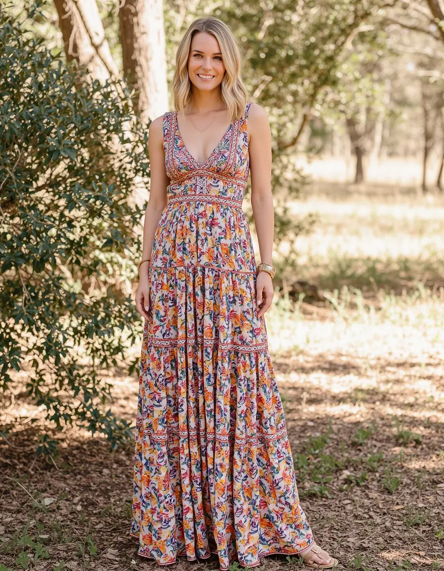 Boho Floral Maxi Dress bunt V-Ausschnitt
