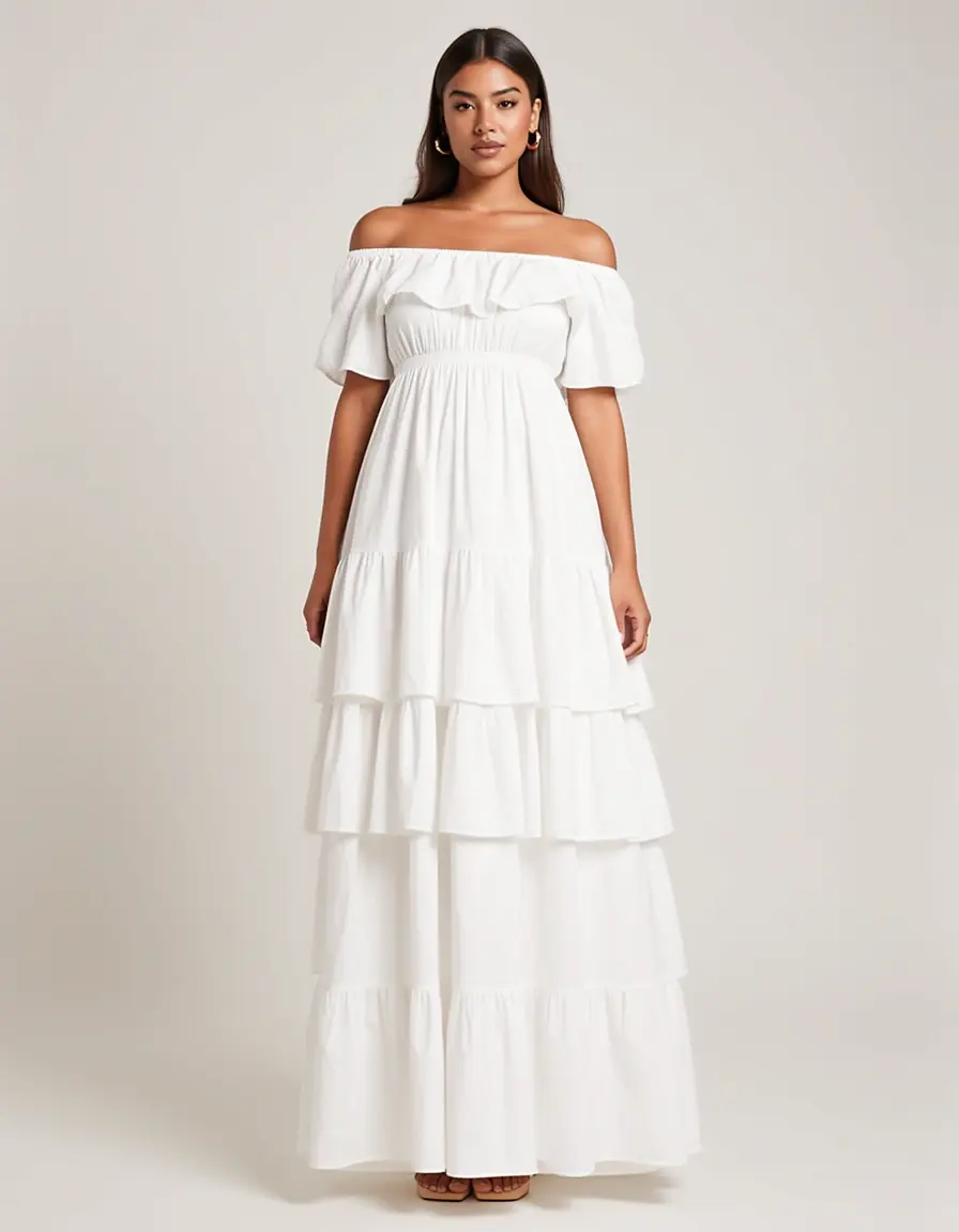 Weißes Stufenkleid mit Off-Shoulder