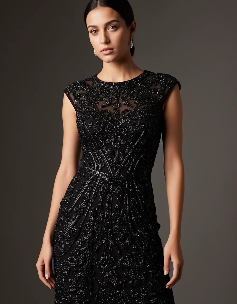 Schwarzes Abendkleid mit Perlenbestickung