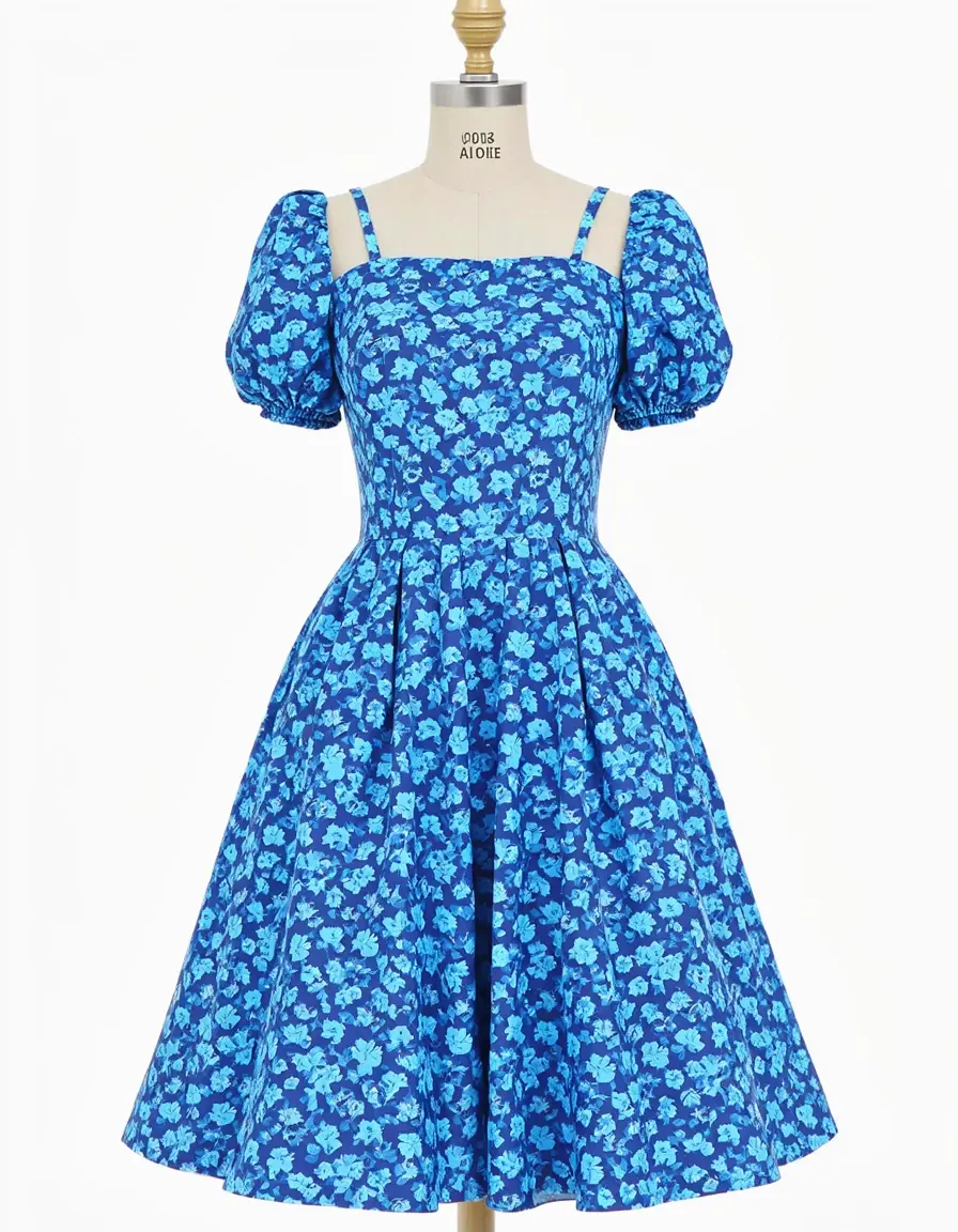 Blaues florales Partykleid mit Puffärmeln