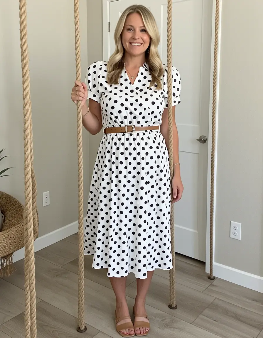 Schwarz-weiß gepunktetes Swing-Kleid mit Gürtel