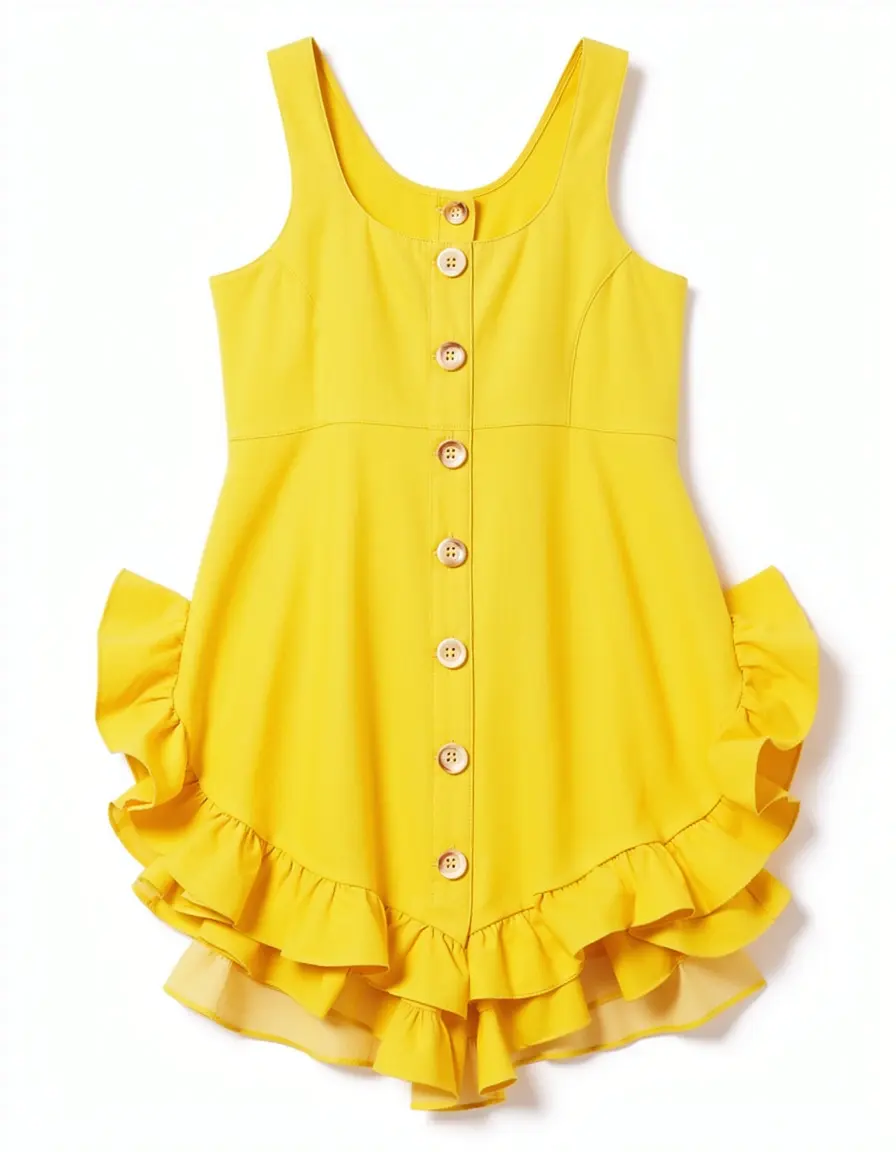 Gelbes Mädchenkleid mit Rüschensaum und Knöpfen