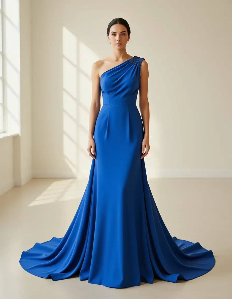 Blaues One-Shoulder Abendkleid mit Schleppe