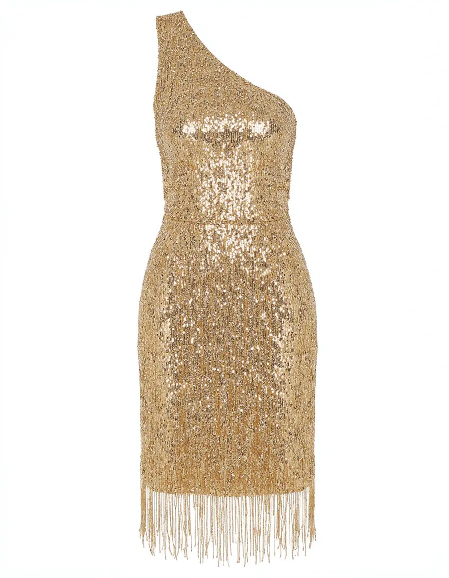 Goldenes One-Shoulder Paillettenkleid mit Fransen
