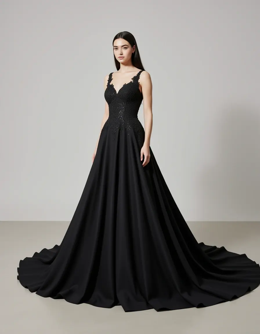 Schwarze Abendrobe mit Schleppe