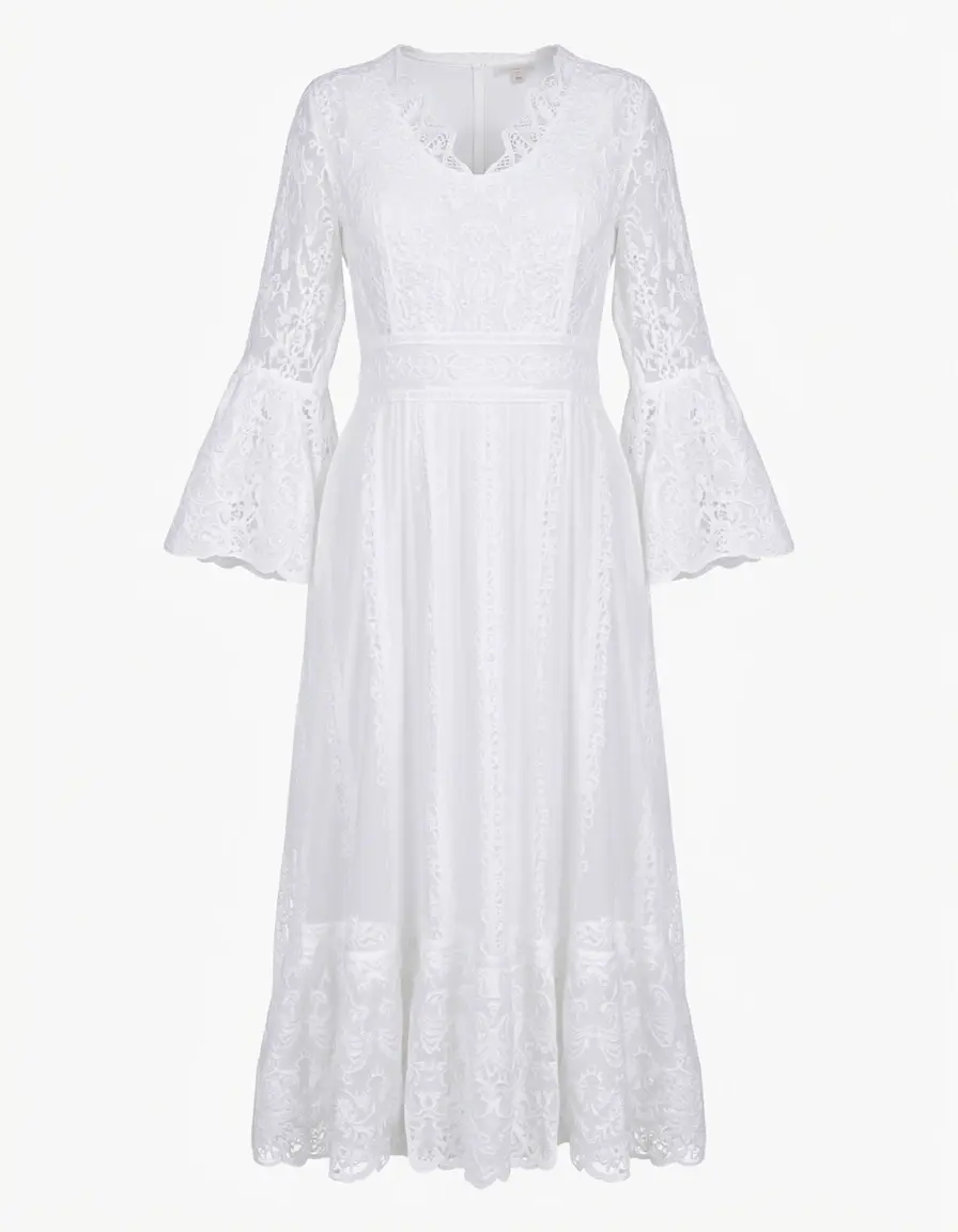 Weißes Spitzenkleid mit Glockenärmeln