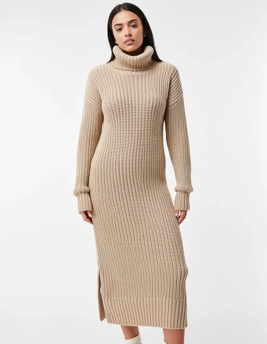Beiges Strickkleid mit Rollkragen