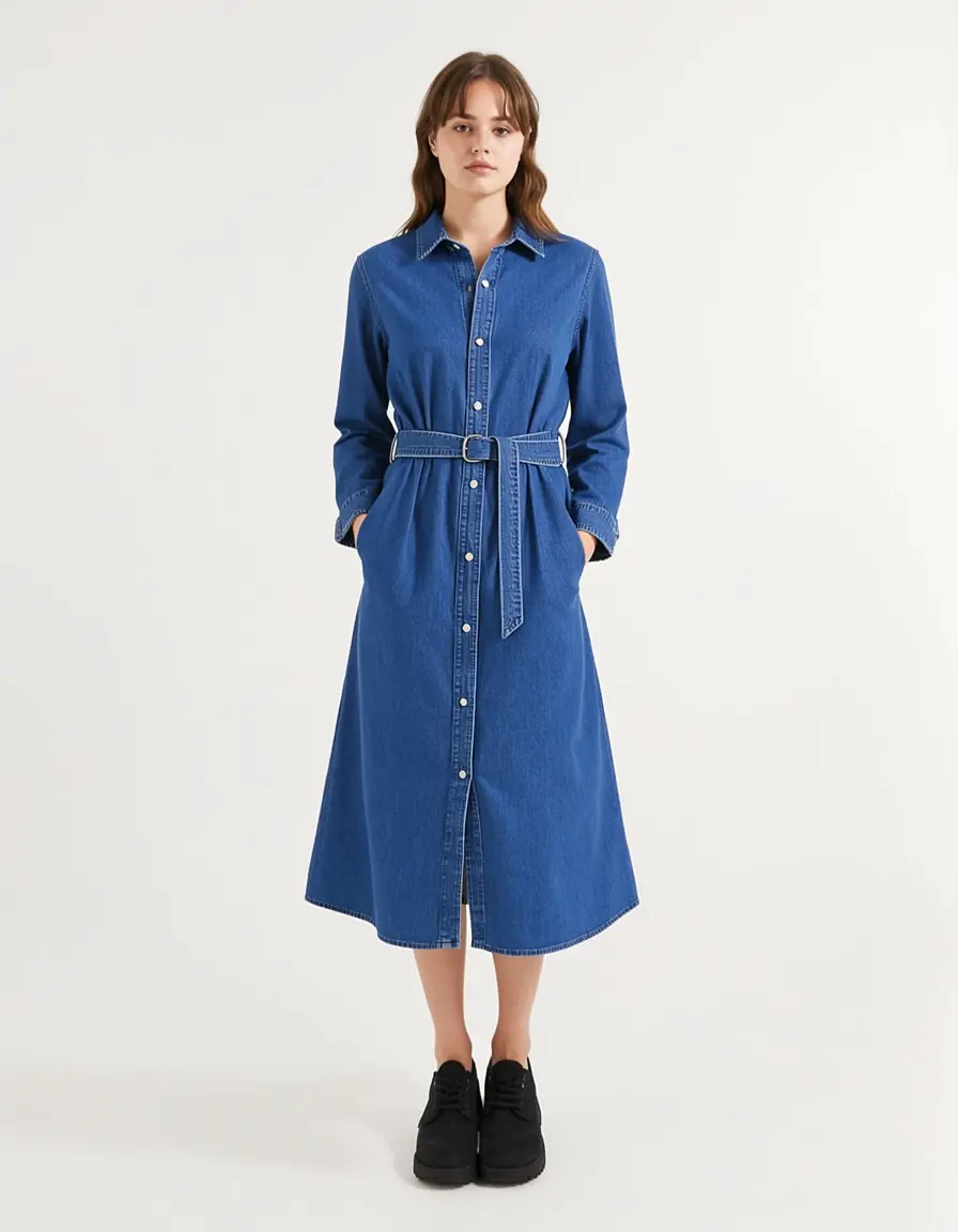 Jeans-Hemdblusenkleid mit Gürtel