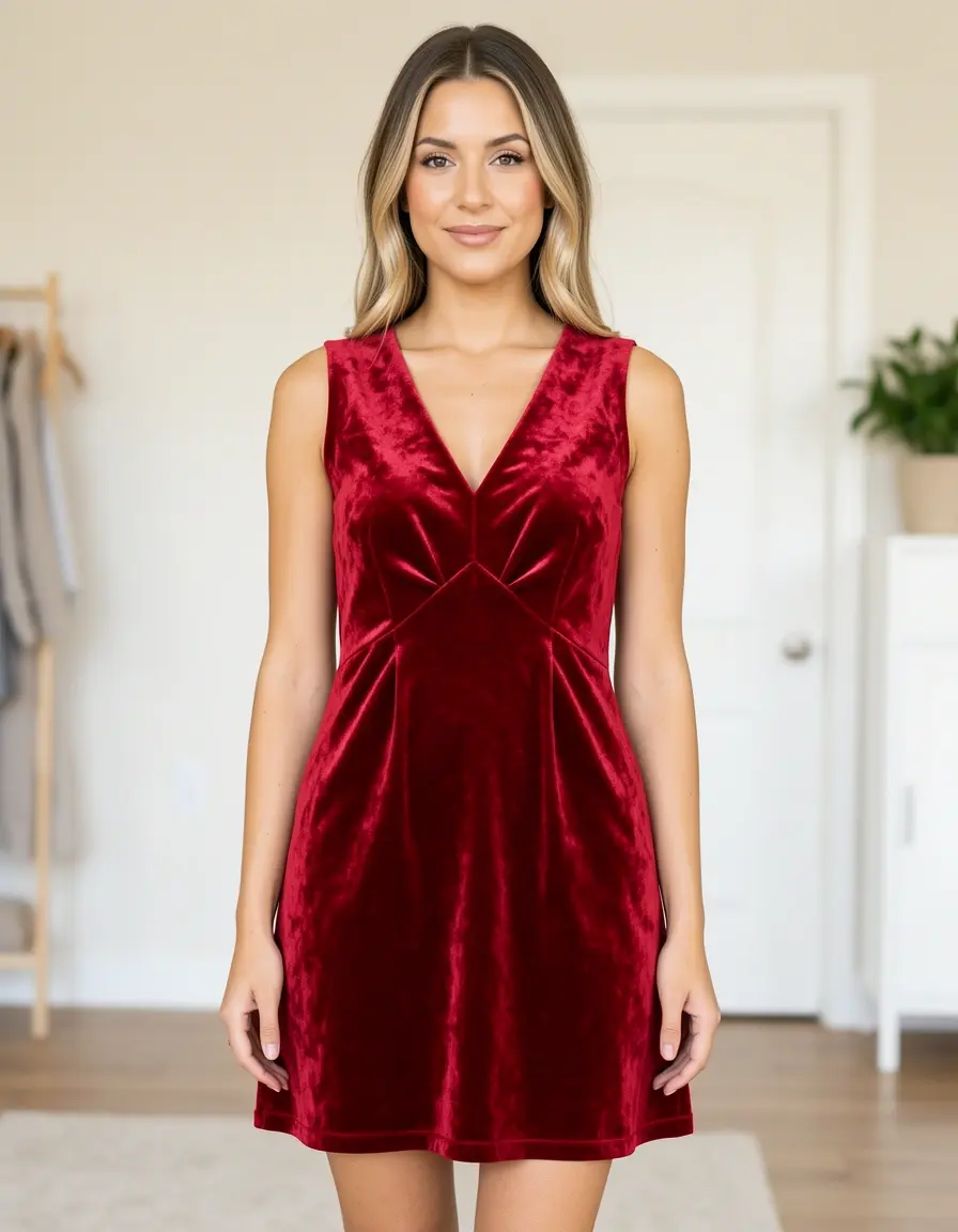 Rotes Samtkleid mit V-Ausschnitt