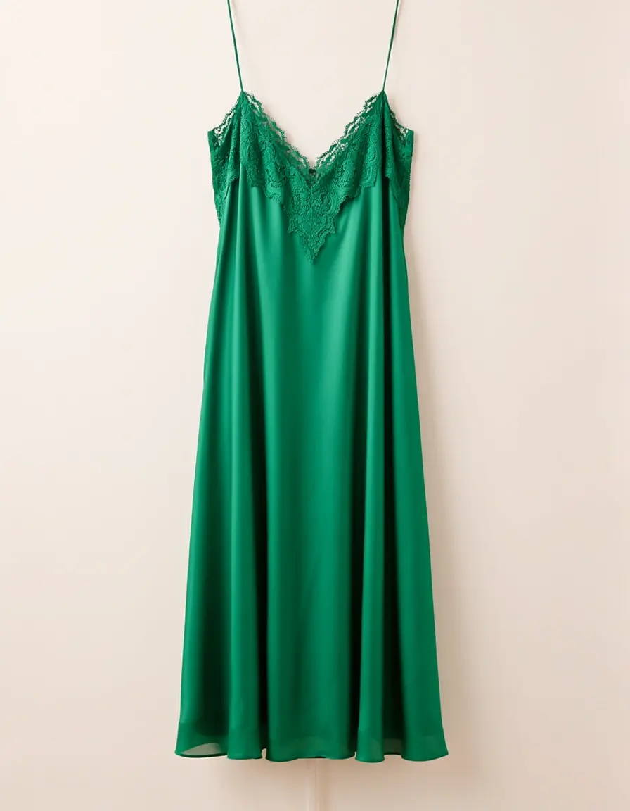 Grünes Seidenkleid mit Spitze
