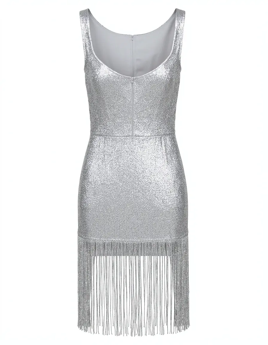 Silbernes rückenfreies Kleid mit Fransen