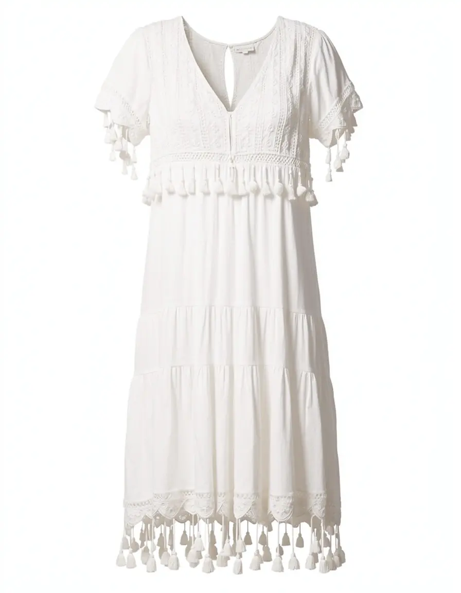 Weißes Boho Kleid mit Quasten