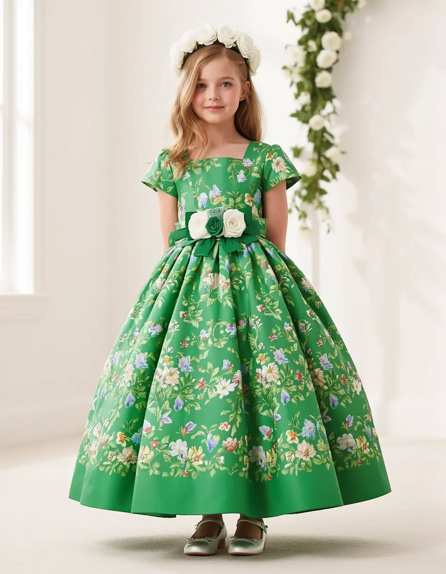 Green Floral Flower Girl Dress