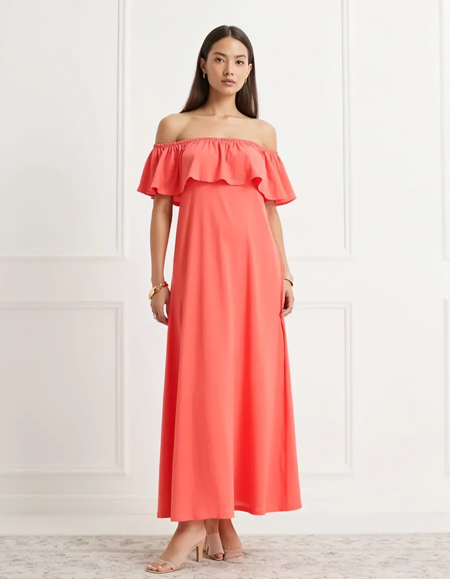 Schulterfreies Midikleid in Koralle