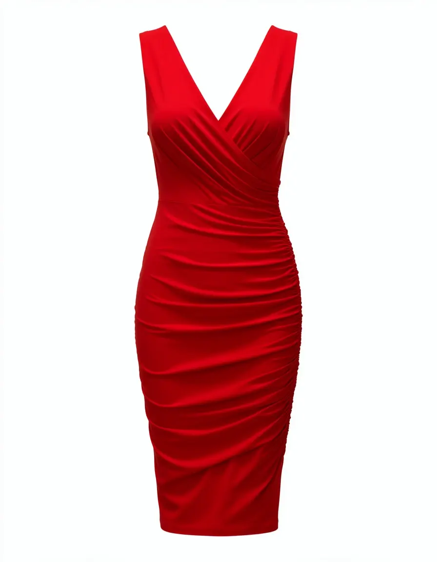 Rotes gerafftes Bodycon Kleid mit V-Ausschnitt
