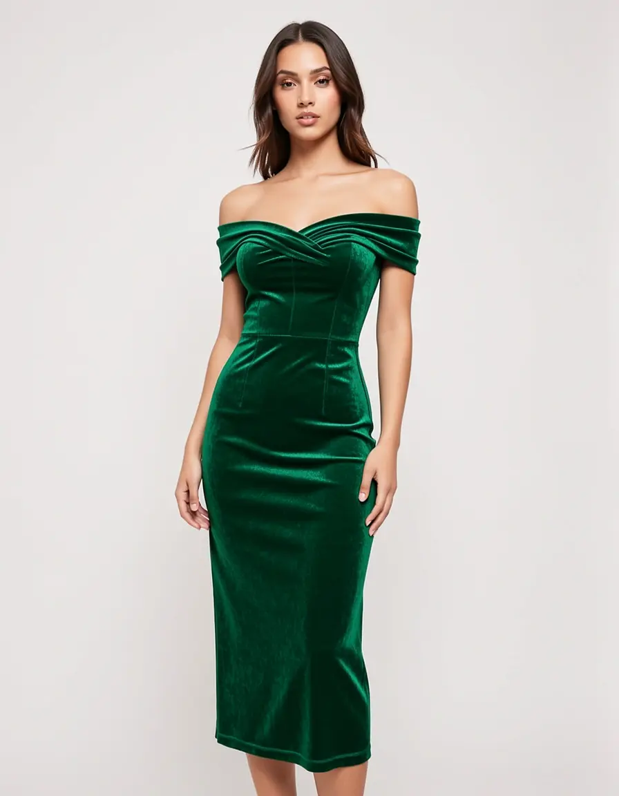 Grünes Samt Bodycon Kleid schulterfrei