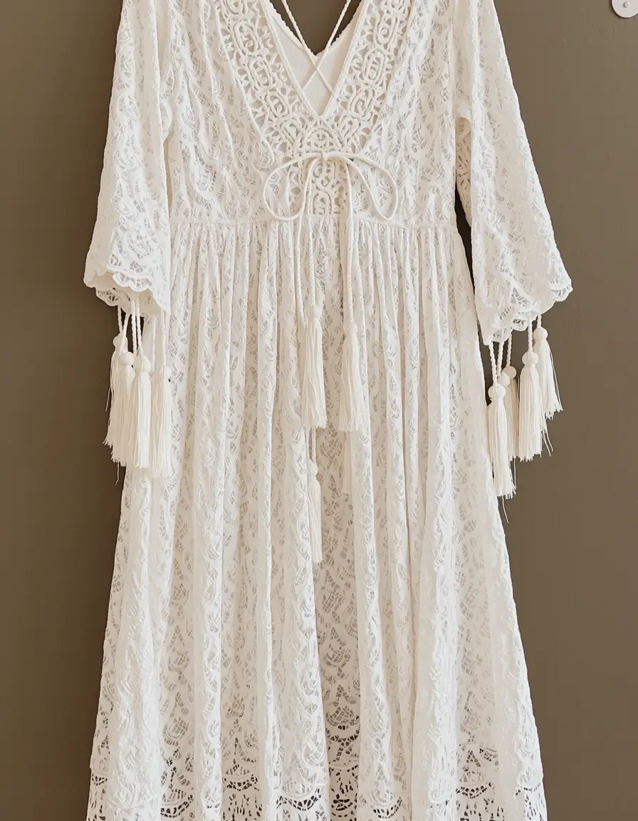Weißes Lace Boho Midi Kleid mit Quasten