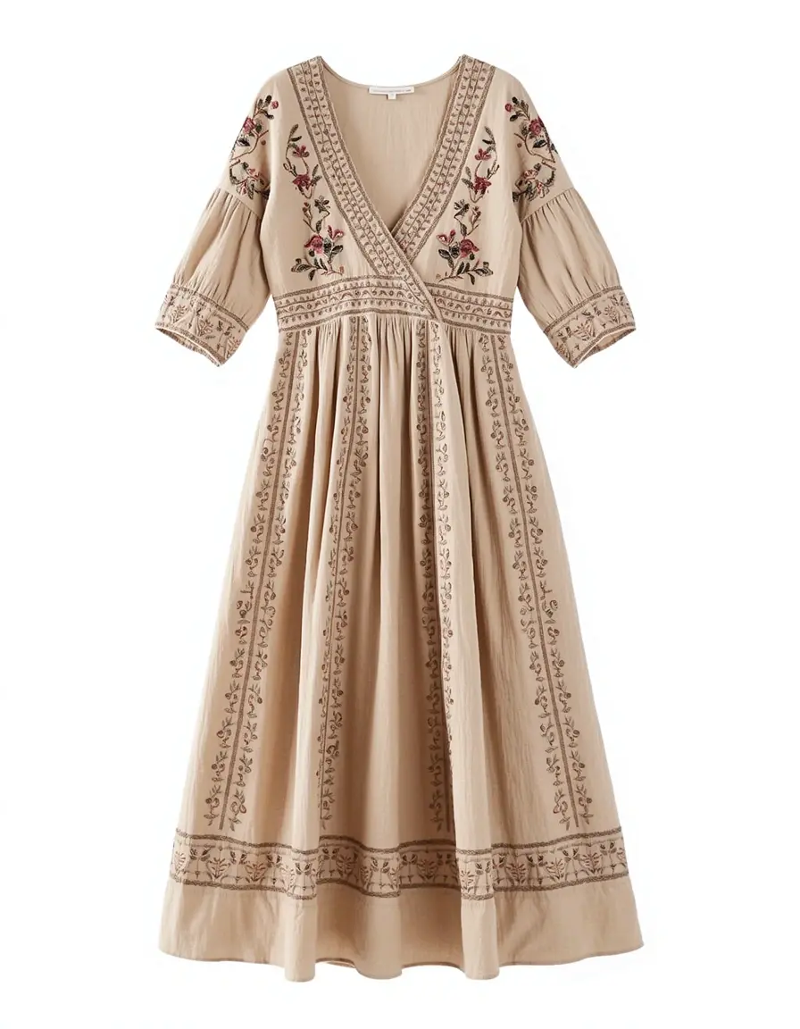 Besticktes Boho Kleid in Beige mit V-Ausschnitt