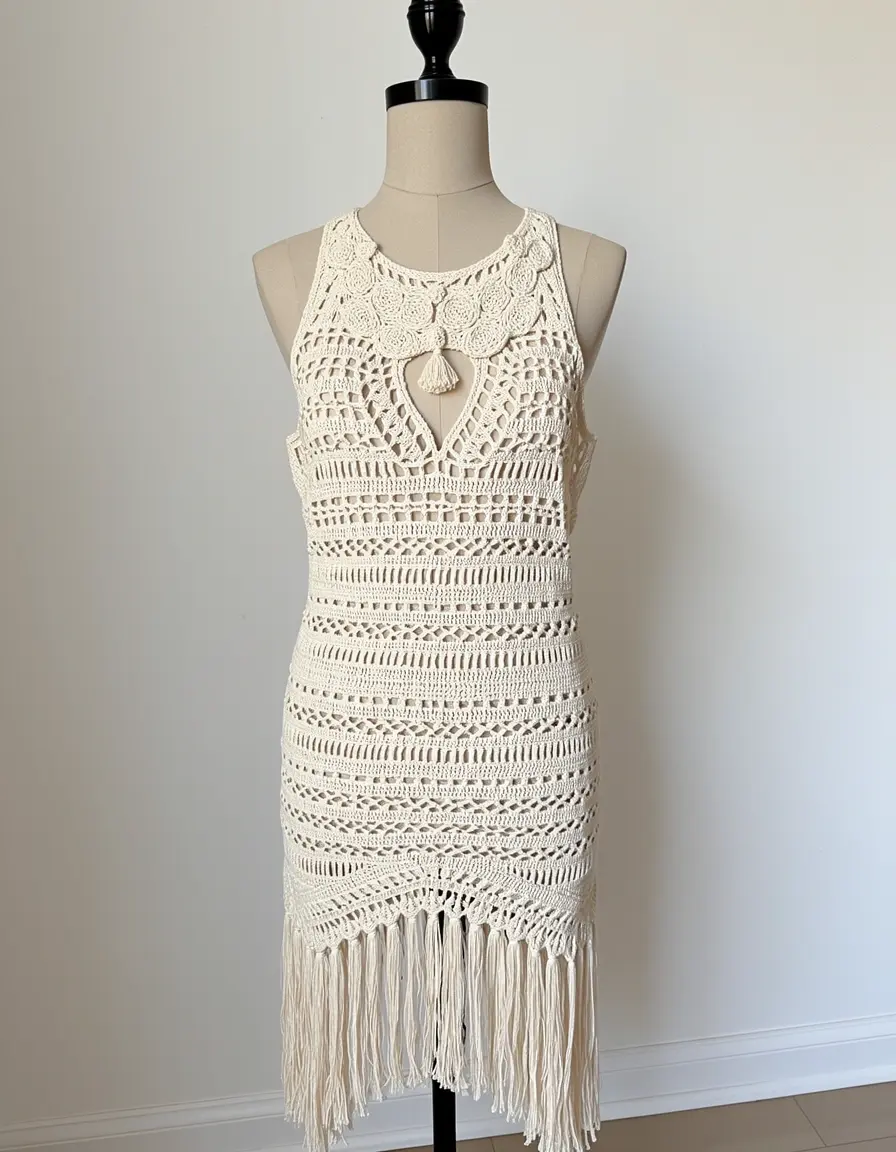 Häkel-Boho-Kleid in Creme mit Fransen