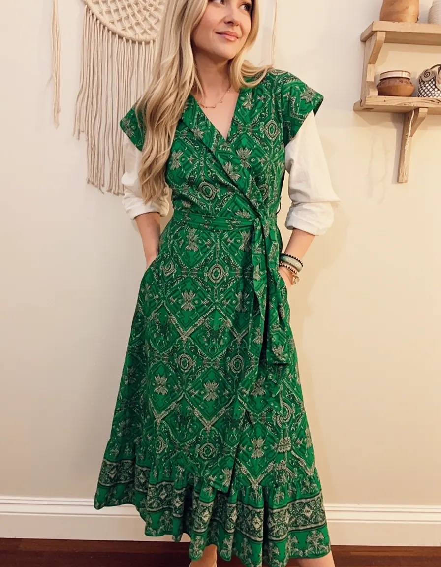 Wickel-Boho-Kleid in Grün mit Mustern