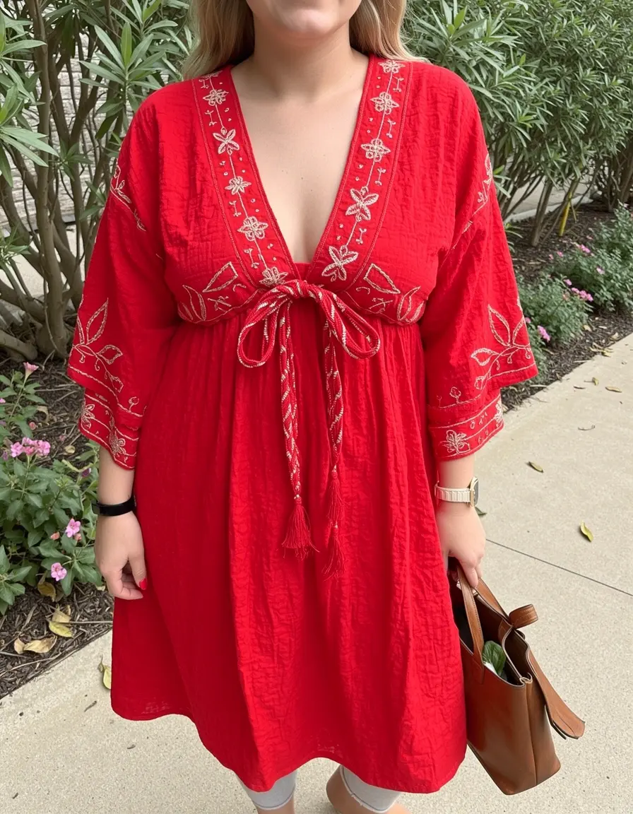 Boho Kleid mit Kimono-Ärmeln in Rot mit Stickerei