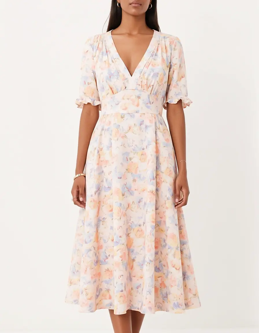 Floral Midi Guest Dress - Ein pastellfarbenes Blumenkleid für Hochzeitsgäste