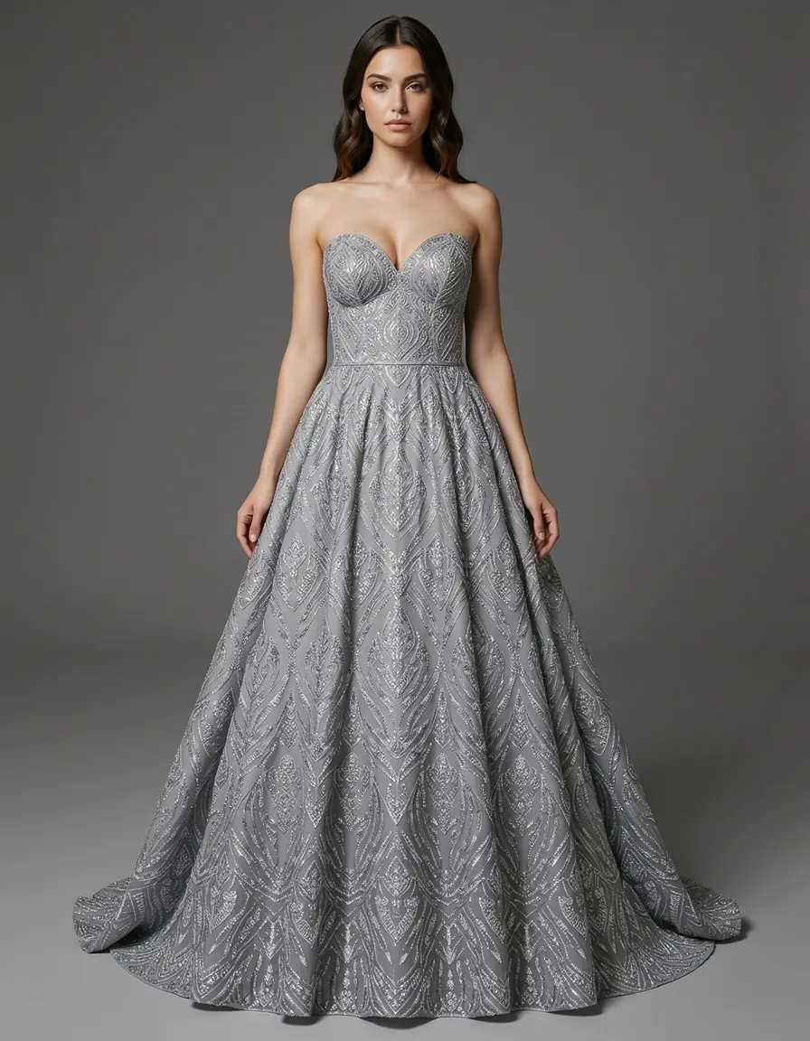 Beaded Evening Dress - Silbernes Abendkleid mit Perlen