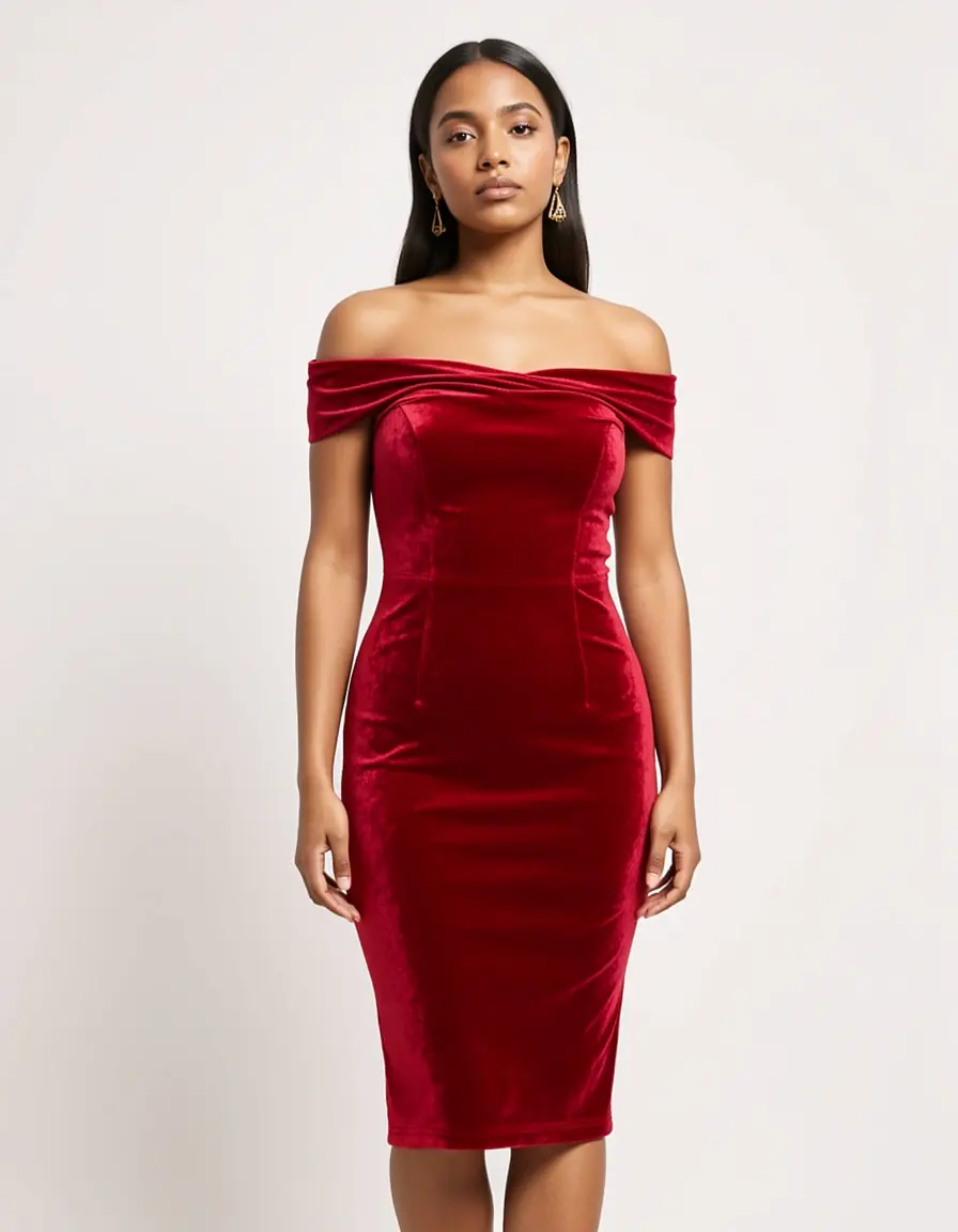 Rotes Samtkleid Off-Shoulder für Winterhochzeiten