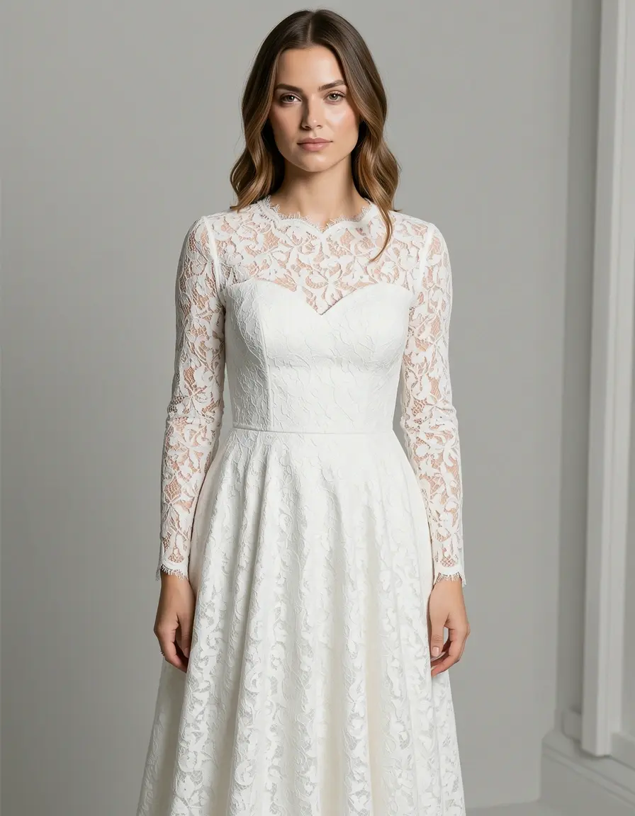 Weißes elegantes Spitzenkleid mit langen Ärmeln