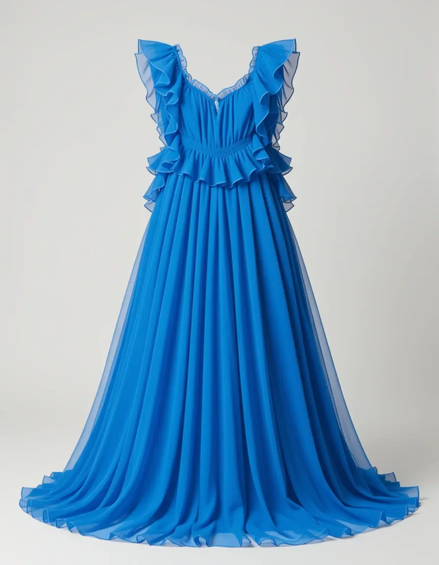 Blaues elegantes Chiffonkleid mit Rüschen