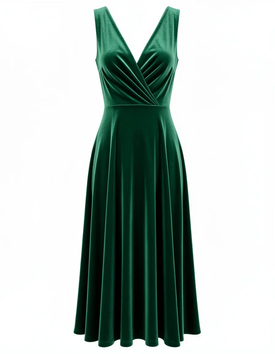 Grünes elegantes Samtkleid mit V-Ausschnitt