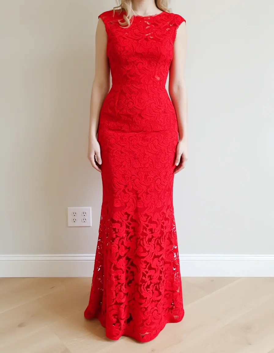 Red Sheath Dress with Lace Overlay
