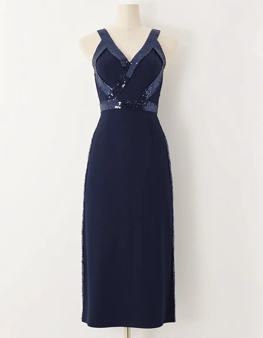 Navy Sheath Dress with Sequin Trim